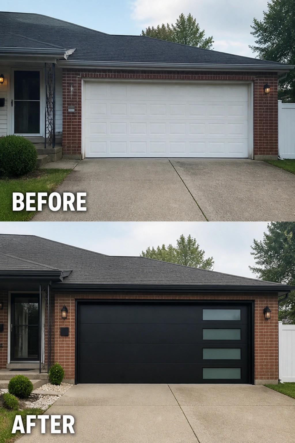 Before-and-after image of a house front where a plain white garage door is replaced by a sleek black garage door with four frosted glass panels.