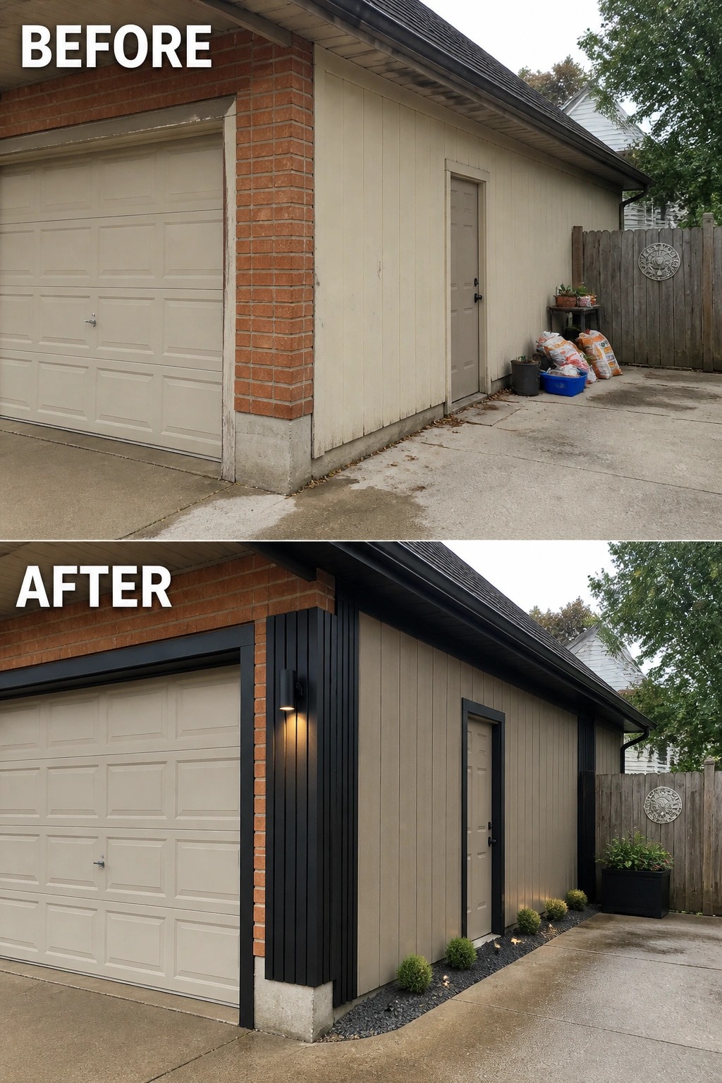 Before-and-after image of a garage side wall updated by adding dark vertical trim, fresh door trim, a wall light, and a narrow gravel bed with small shrubs.