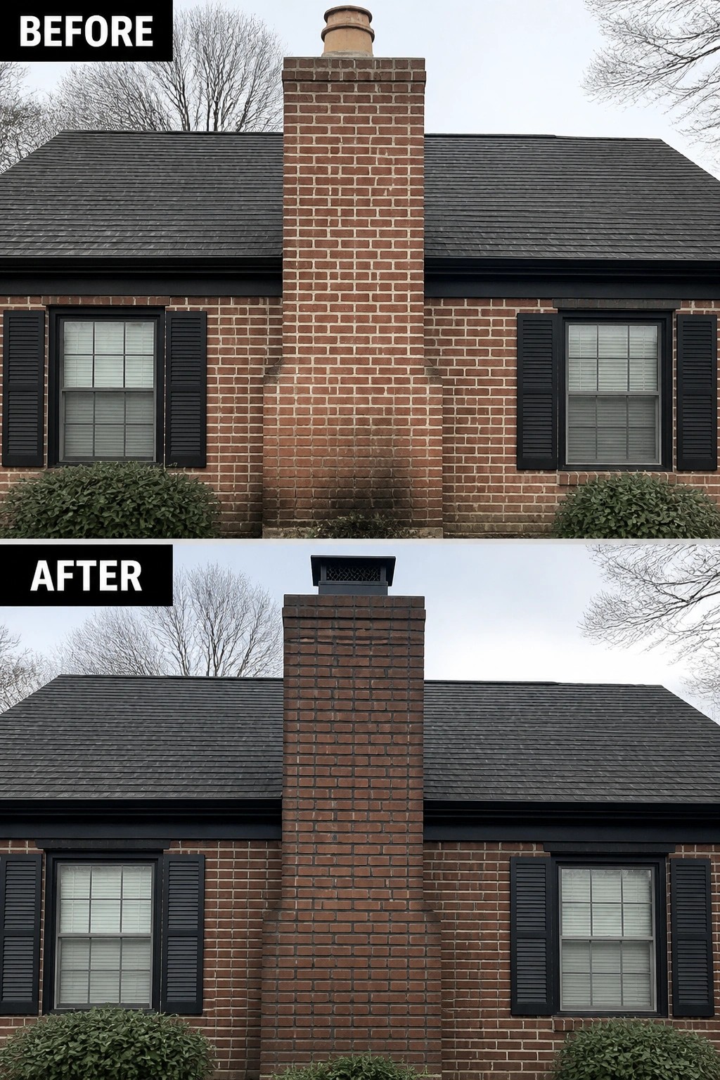 Before-and-after image of a brick house facade showing darker painted trim and shutters plus a new metal chimney cap.