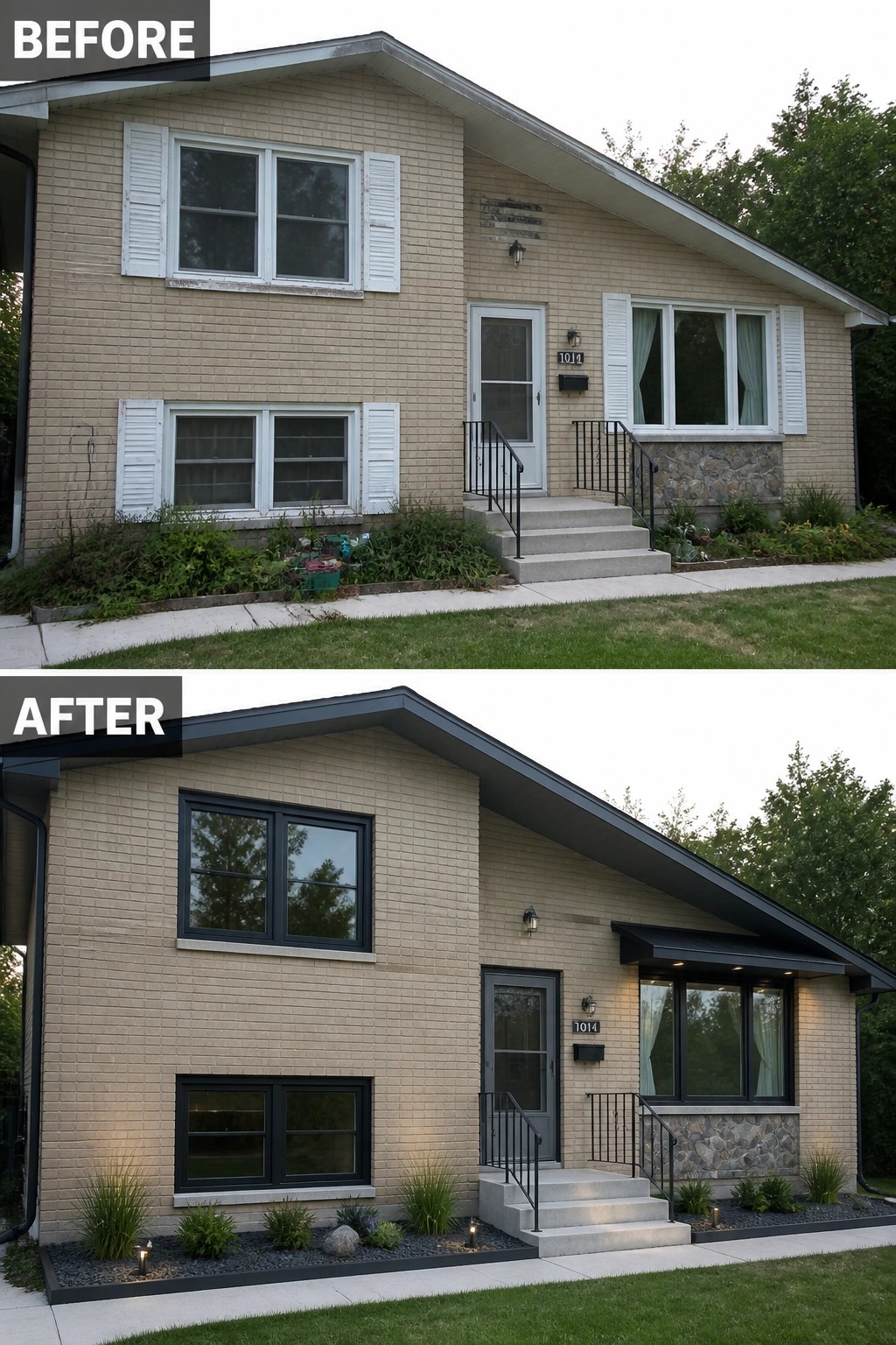 Before-and-after image of a brick house where white shutters and light trim were replaced with dark window and door trim, a black awning was added, and the front planting beds were cleaned up and edged with gravel and low plants.