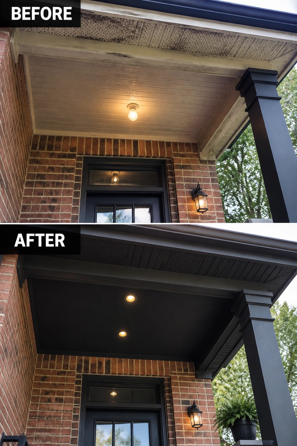 Before-and-after image of a brick front porch updated from a pale ceiling and exposed bulb to a dark-painted ceiling and trim with recessed lighting.