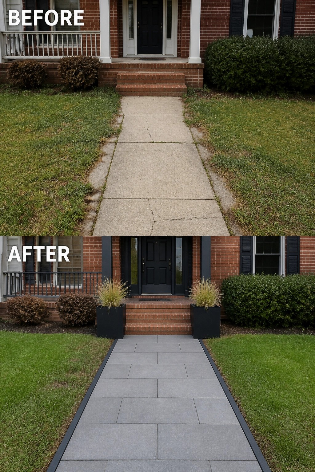Before-and-after image of a cracked concrete front walkway replaced with large gray pavers, dark metal edging, and matching planters at a brick porch.