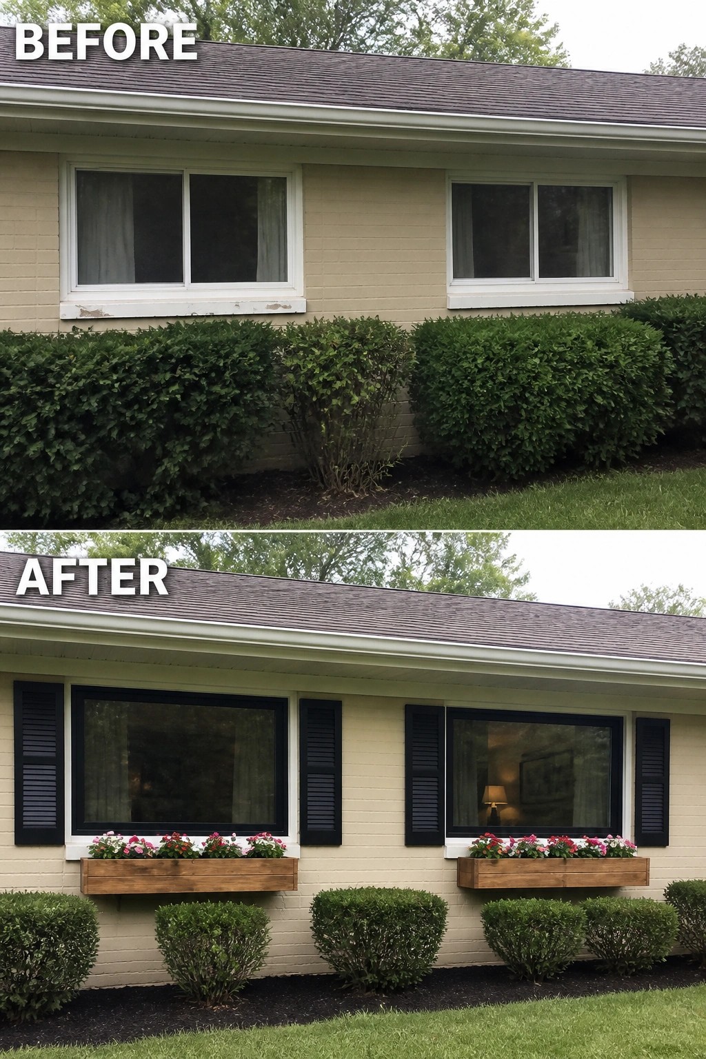 Before-and-after image of a plain ranch house facade updated with dark window trim, black shutters, and wooden window boxes with flowers.