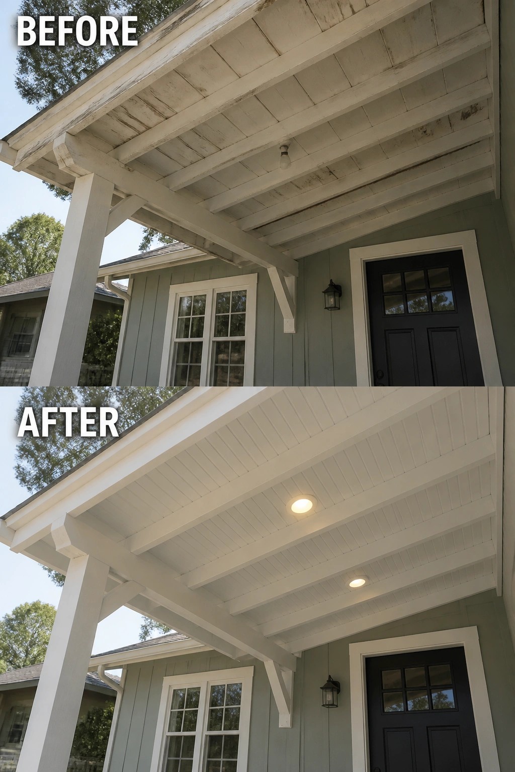 Before-and-after image of a shallow front porch where a weathered exposed ceiling was repainted white and recessed ceiling lights were added.