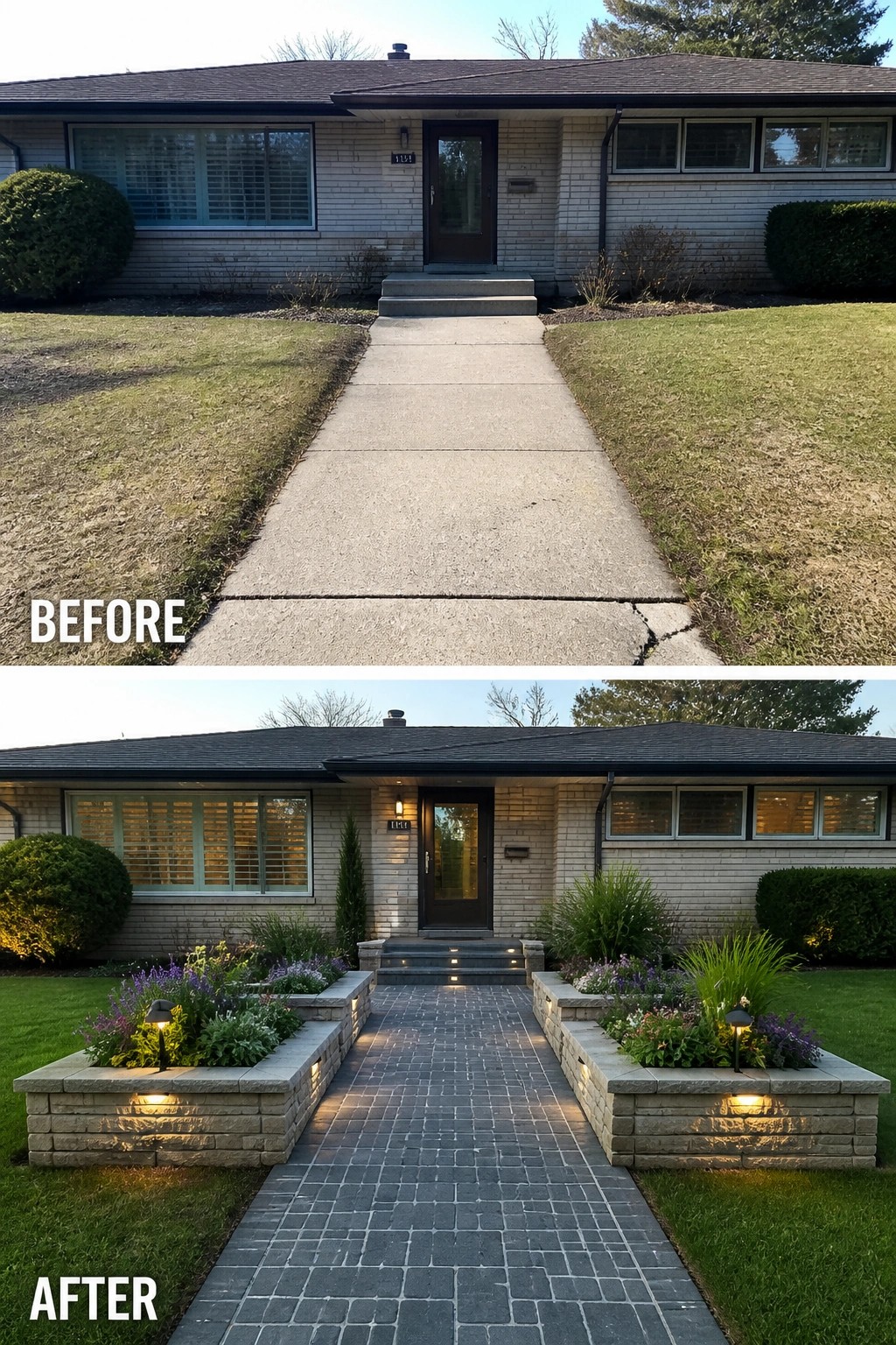 Before-and-after image of a plain concrete walkway replaced by a patterned paver path flanked by low stone raised planting beds with integrated lighting leading to the front door.