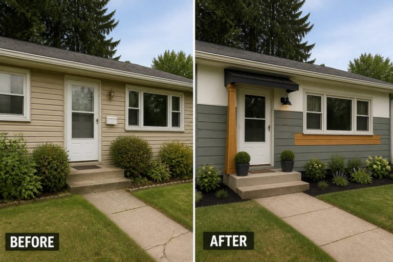 19 Polished Ranch House Remodel Ideas Designed for Shallow Rooflines Before-and-after image of a ranch house exterior where a plain front is updated with a small covered entry, a horizontal wood trim band, fresh two-tone siding, and new planters.