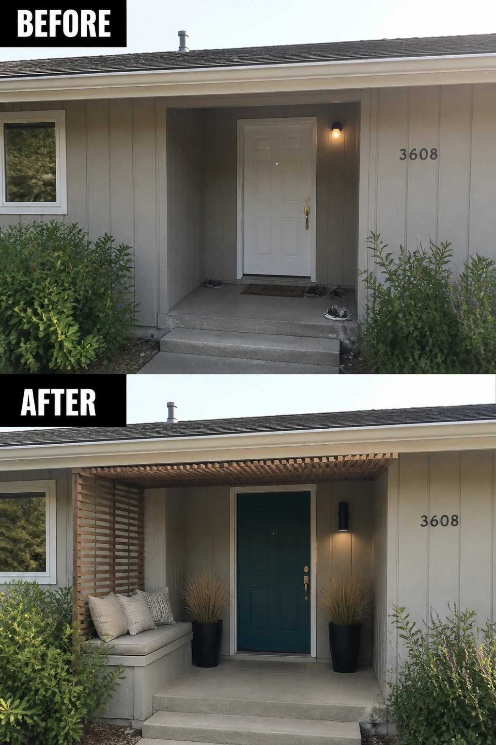 Before-and-after image of a plain recessed front porch updated with a painted front door, a slatted wood canopy and a built bench with cushions and planters.