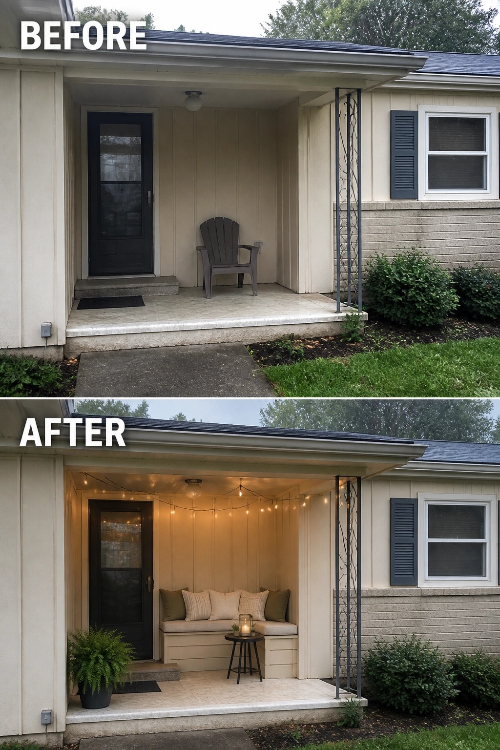 Before-and-after image of a small covered front porch updated from an empty stoop to a cozy sitting area with a built-in bench, cushions, string lights, and a potted plant.