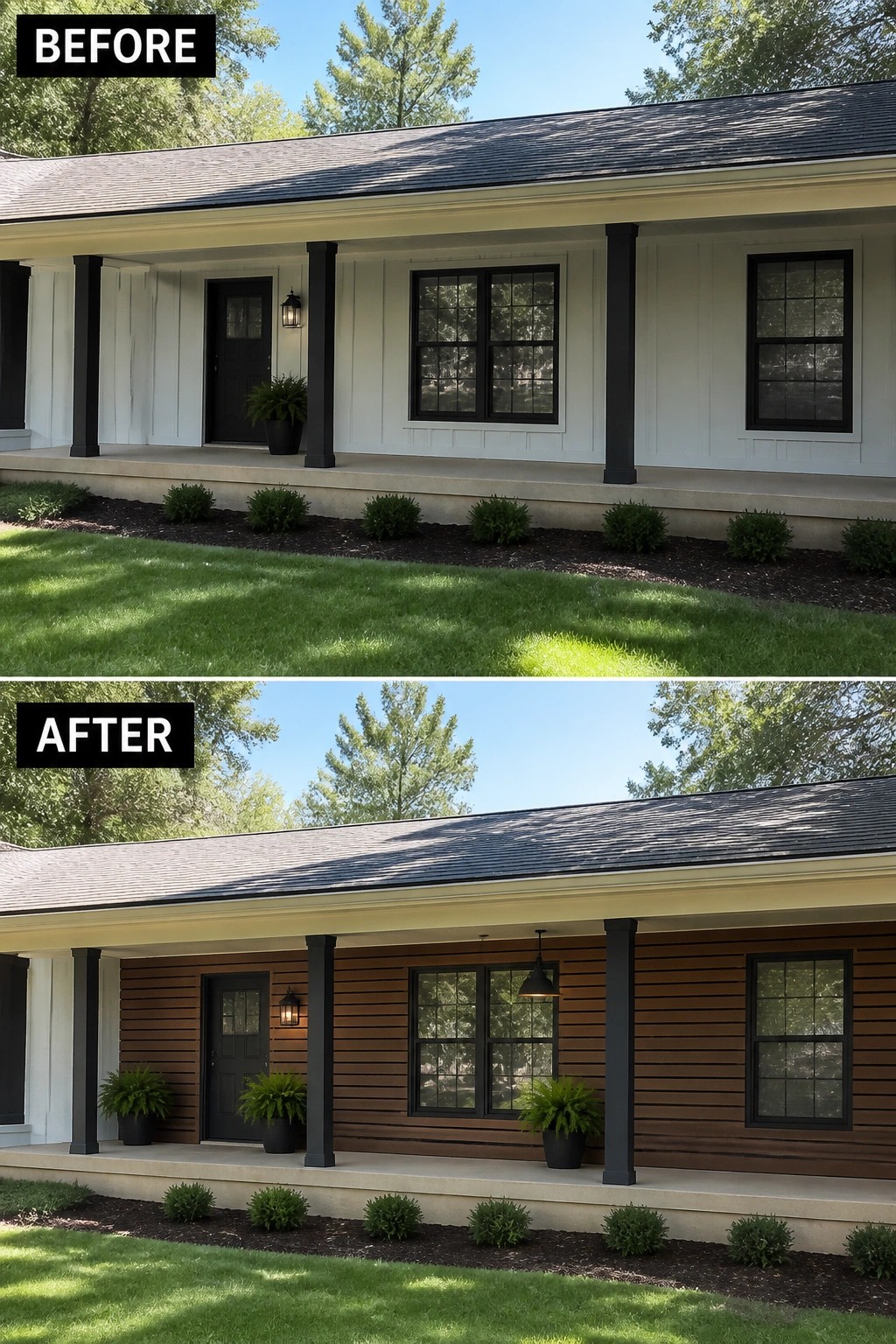 Before-and-after image of a ranch front porch updated from painted vertical siding to warm horizontal wood siding with added planters and new light fixtures.