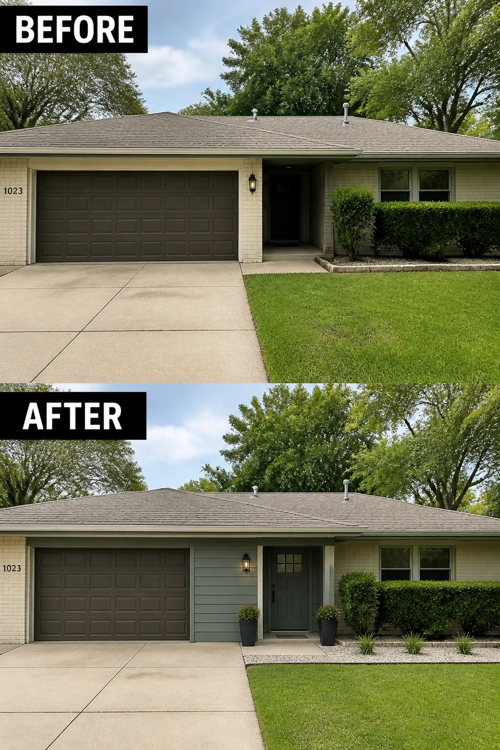 Before-and-after image of a ranch-style front facade updated with a painted entry wall and door, new wall light, and matching planters to define the porch.