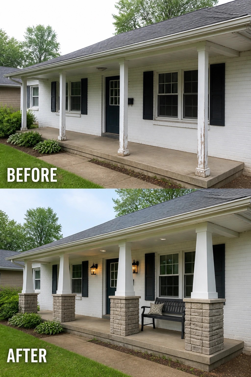 Before-and-after image of a plain front porch updated with tapered columns on stone piers, added wall lanterns, and a bench.