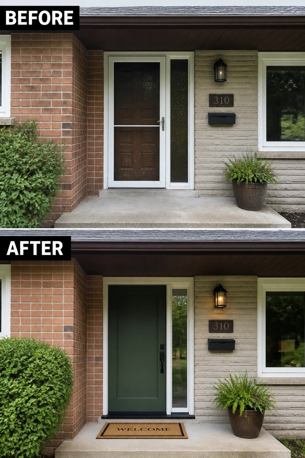 Before-and-after image of a front porch updated with a painted front door, a welcome mat, and a planter to create a more purposeful entry.