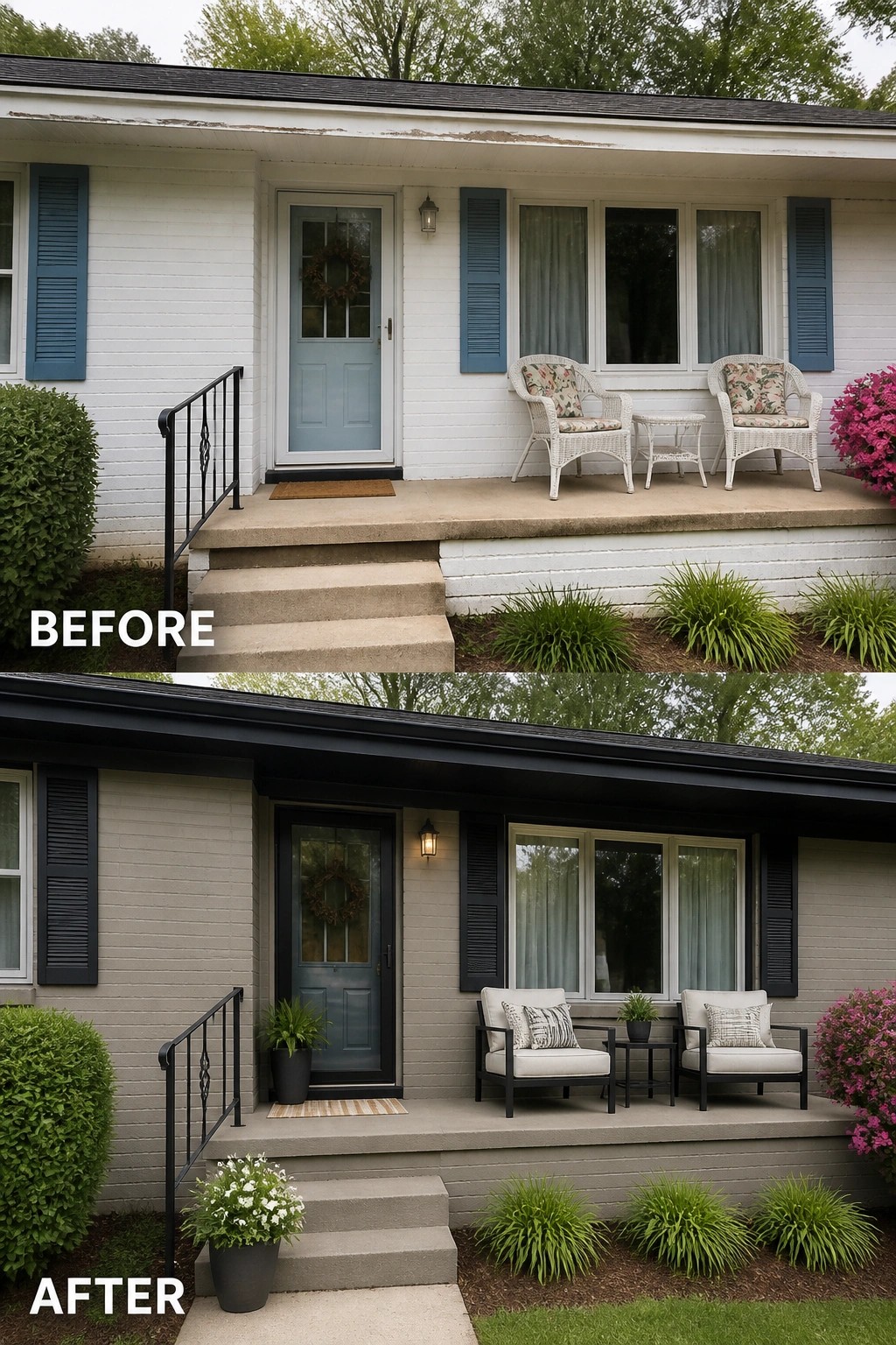 Before-and-after image of a plain front porch updated with darker-painted trim and a small seating area with planters and improved lighting.
