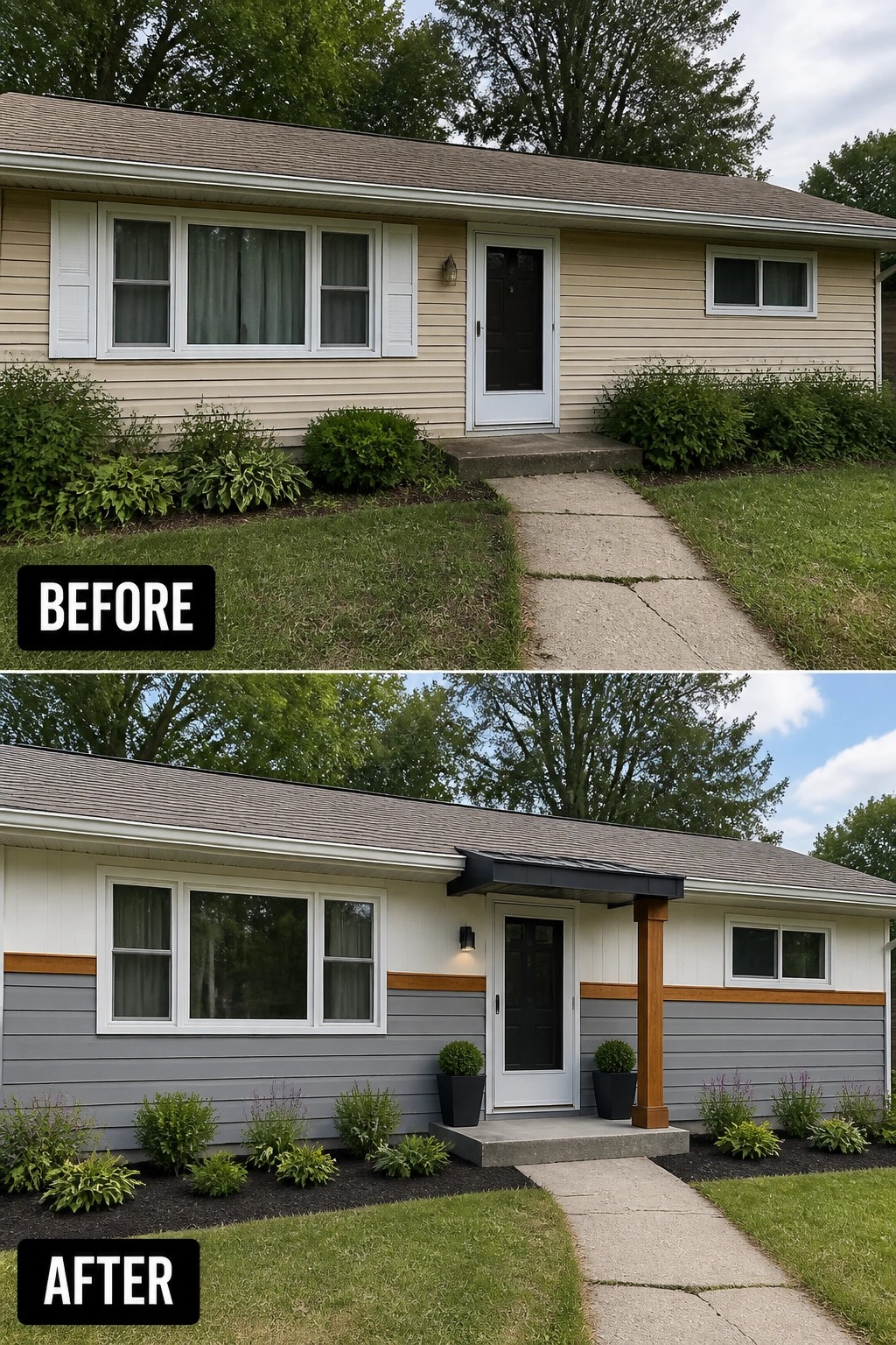 Before-and-after image of a ranch house exterior where a plain front is updated with a small covered entry, a horizontal wood trim band, fresh two-tone siding, and new planters.