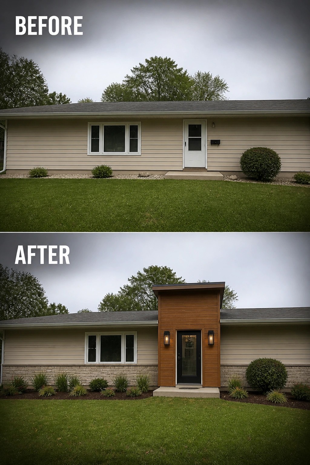 Before-and-after image of a low-slung ranch house updated by adding a narrow wood-clad vertical entry tower with a new door and lighting and simple planted beds.