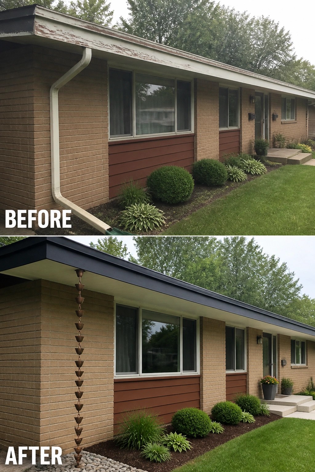 Before-and-after image of a ranch house facade showing worn peeling fascia replaced with a new dark metal fascia and white soffit, and a bulky downspout swapped for a decorative rain chain with a small rock basin.