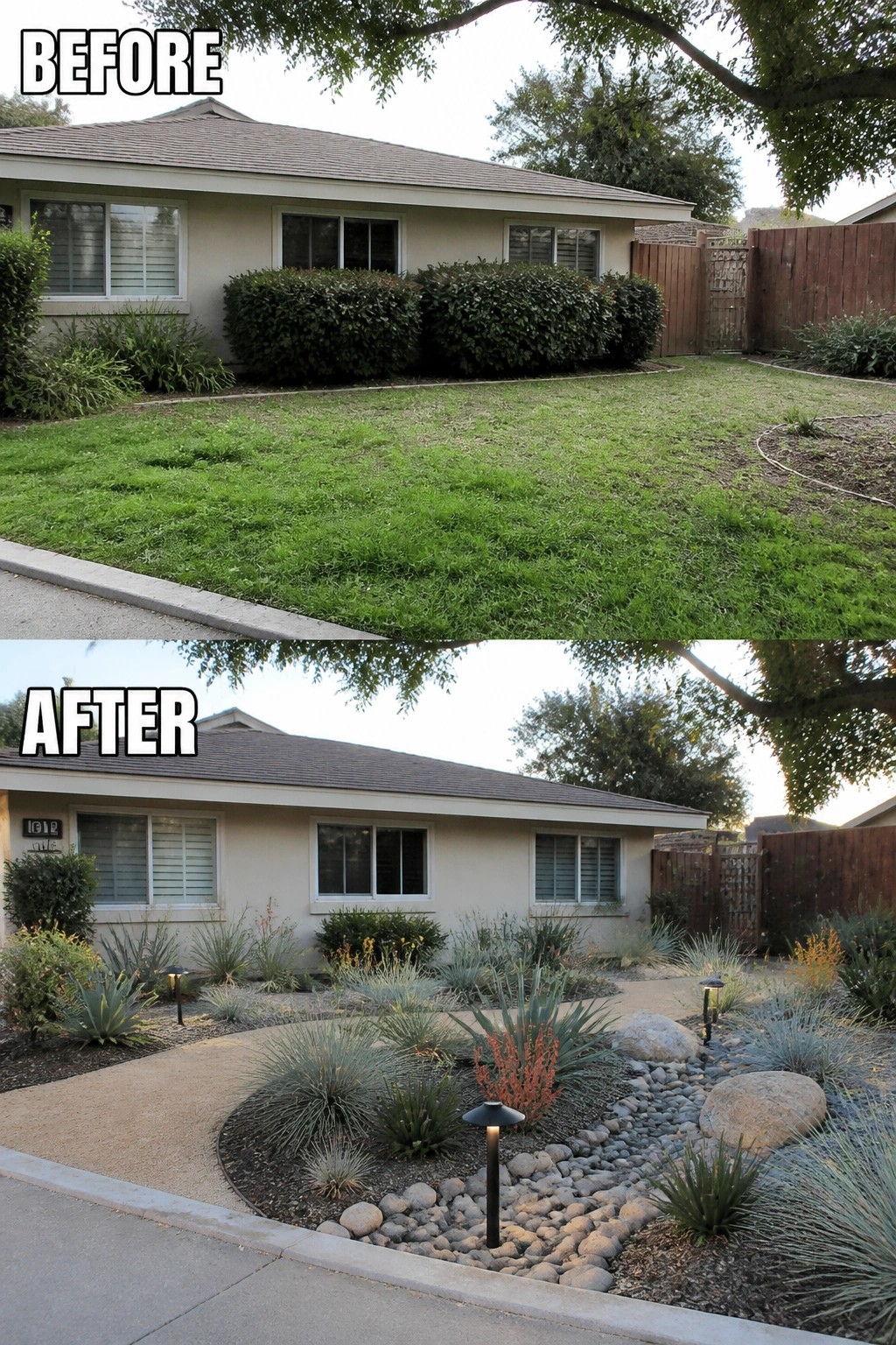Before-and-after suburban front yard: grassy lawn replaced by drought-tolerant xeriscape with rocks, succulents, pathway
