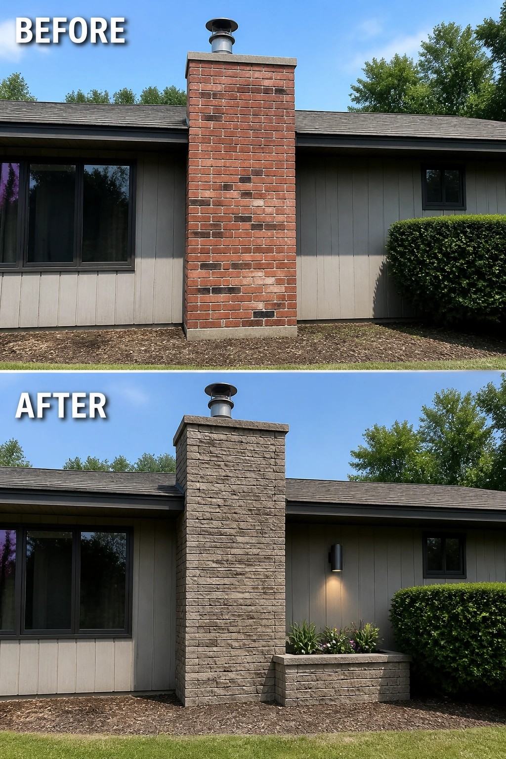 Before-and-after image of a ranch house where a red brick chimney is reclad in stacked stone and a small planter and exterior wall light are added.