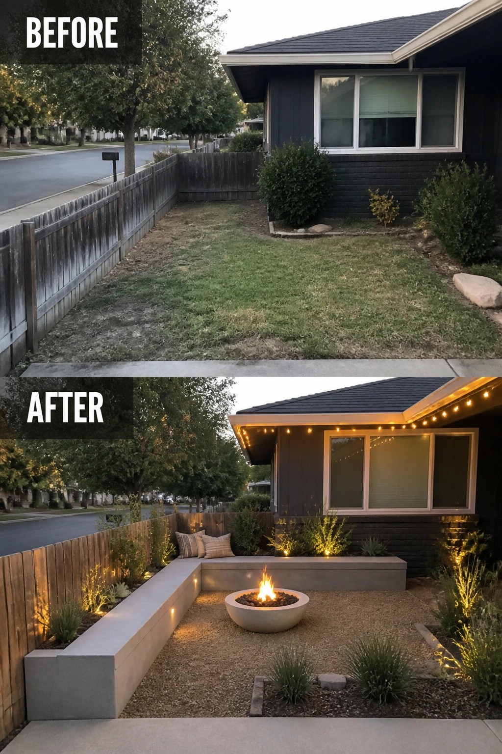 Before-and-after yard: lawn converted to gravel patio with concrete L-bench, fire bowl, string lights