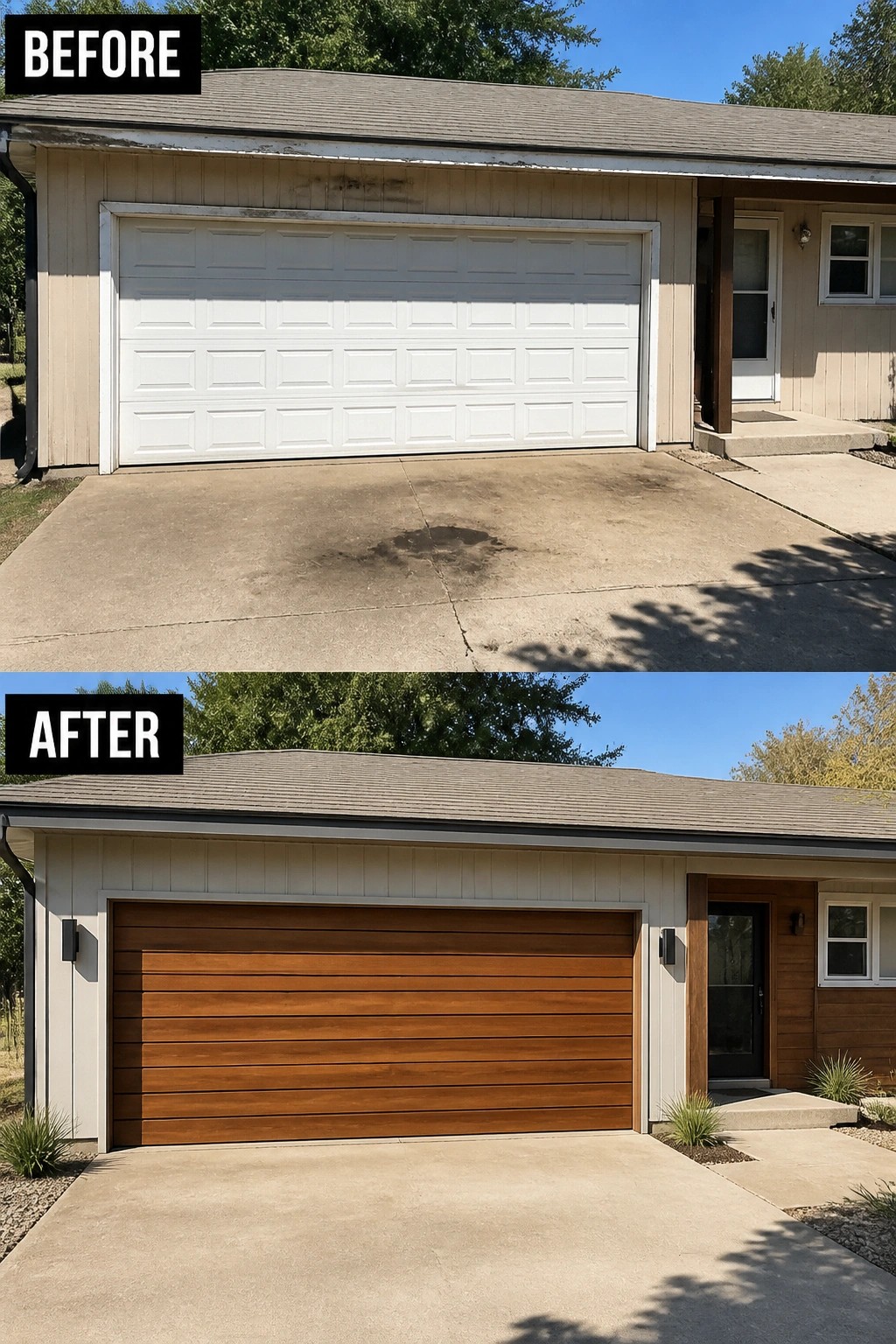 Before-and-after image of a ranch house facade showing a plain white sectional garage door replaced by a flush horizontal wood-look garage door with matching entry trim and wall lights.