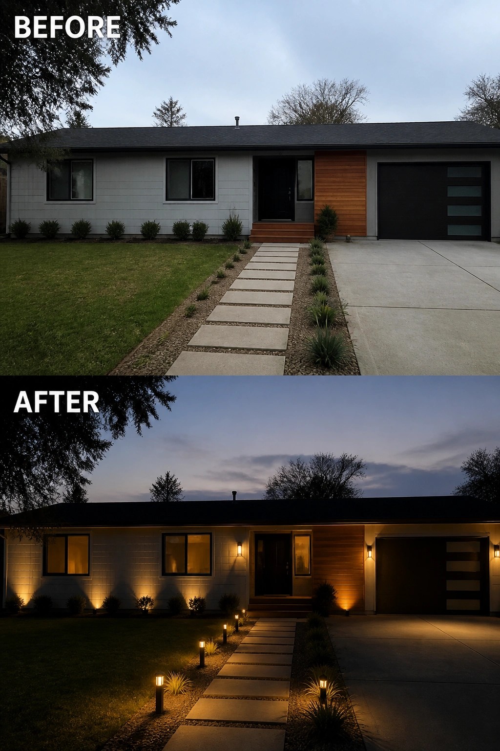 Split view: daytime front yard without lights and nighttime warmly lit modern house exterior