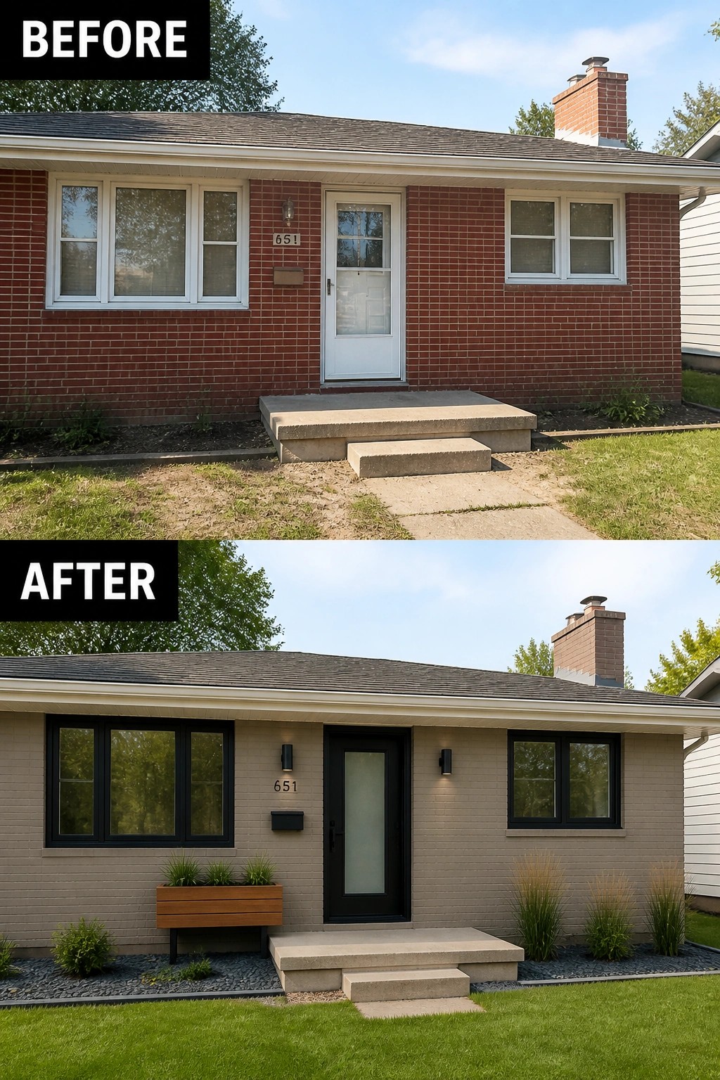 Before-and-after image of a single-story ranch where red brick is painted a neutral gray and the windows and front door are updated to black-framed versions.
