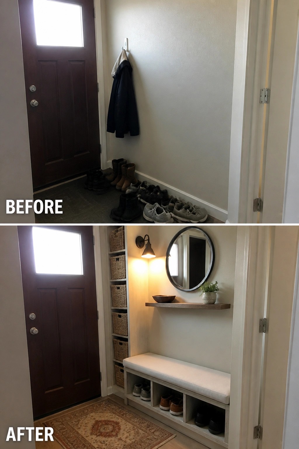 Before-and-after image of a small entryway changed from a bare wall with shoes to a compact built-in bench with cubby shoe storage and a slim column of baskets.