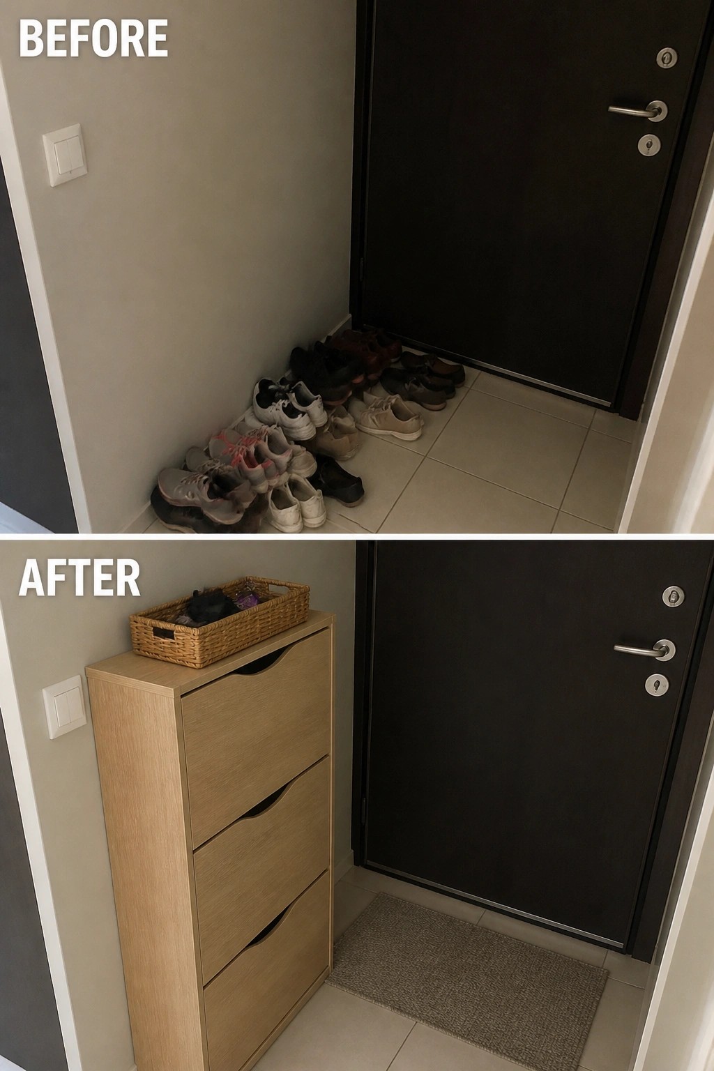 Before-and-after image of a small entryway where a floor pile of shoes is replaced by a slim three-drawer shoe cabinet with a small doormat and a basket on top.