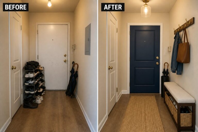 23 Polished Small Entry Makeover Ideas for Tight Front Door Areas Before-and-after image of a narrow apartment entry updated with a painted front door and a slim bench with baskets and wall hooks to create organized storage.