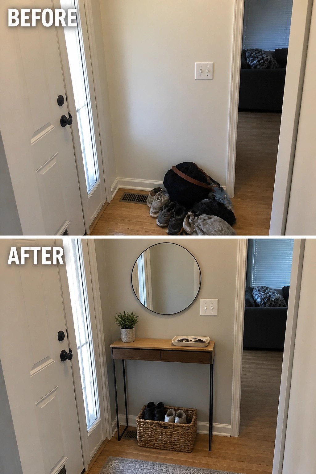 Before-and-after image of a small entryway that goes from a pile of shoes on the floor to a styled entry with a slim console table, round mirror, and woven shoe basket.
