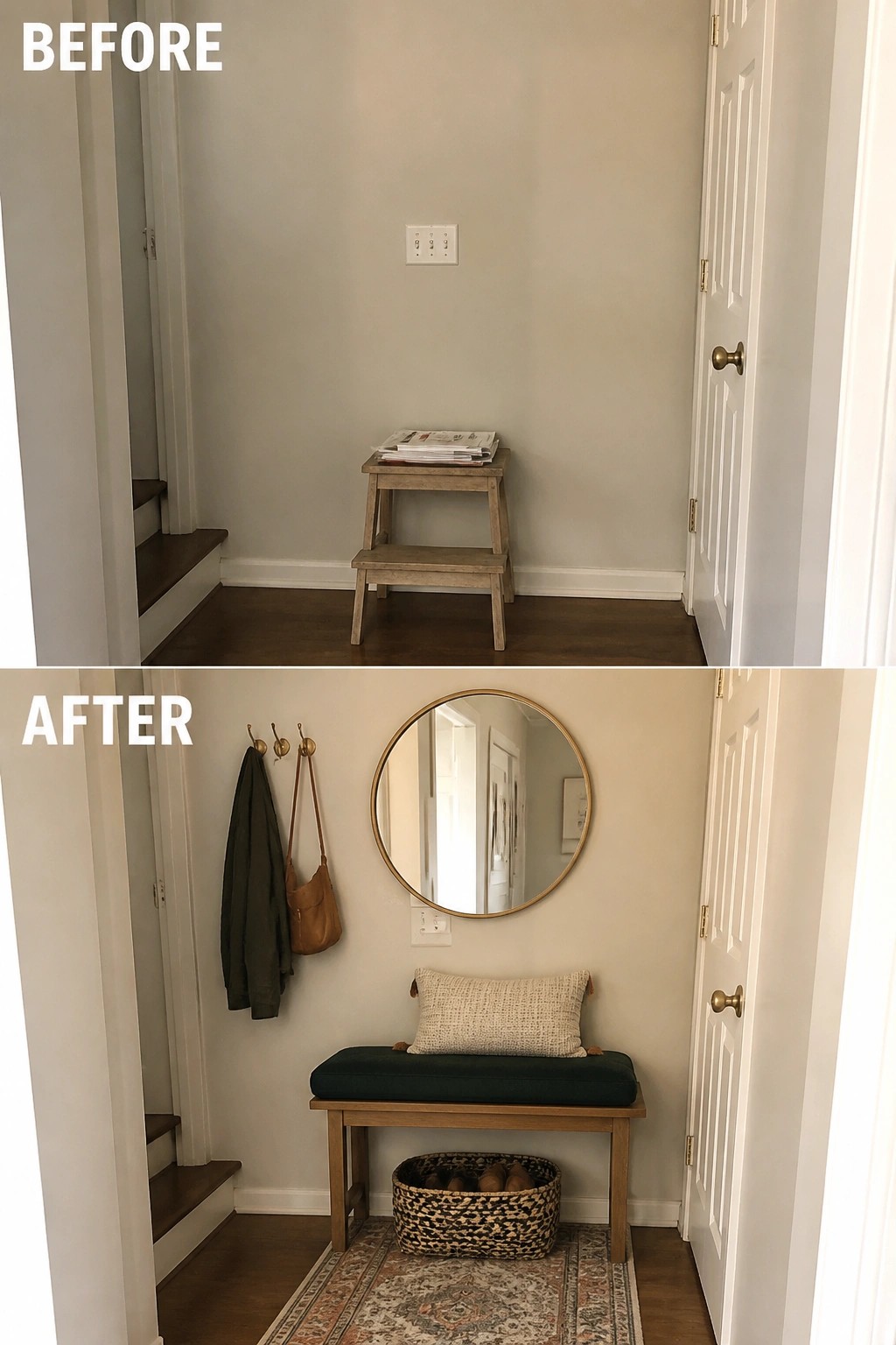 Before-and-after image of a small entryway updated from empty to a styled spot with a narrow bench, round mirror, wall hooks, a rug, and a storage basket.