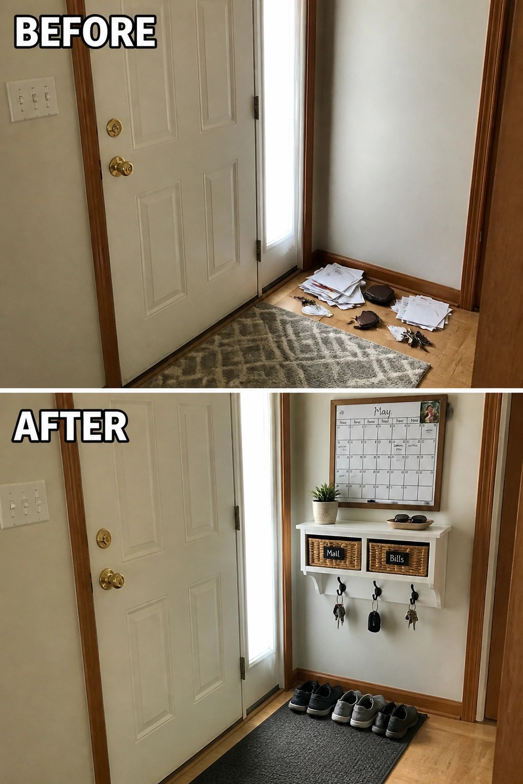 Before-and-after image of a small entryway changed from a pile of mail on the floor to a tidy setup with a wall-mounted shelf with baskets, hooks for keys, and a shoe mat.