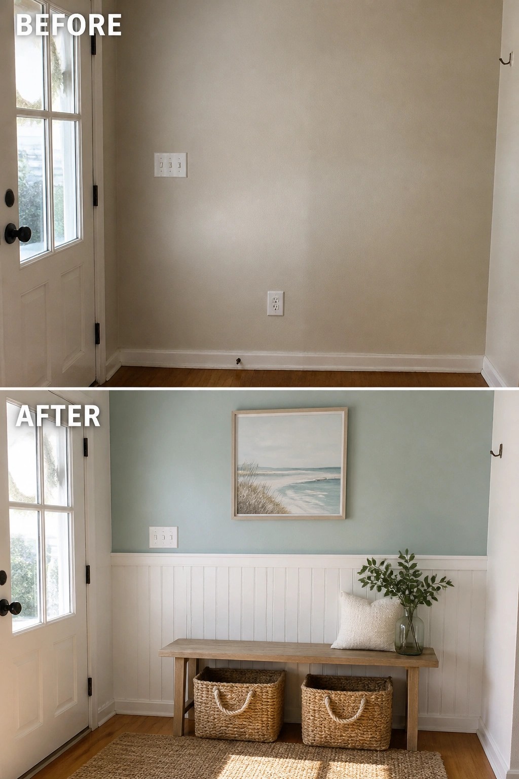 Before-and-after image of a blank entry wall changed with white beadboard, a soft blue paint above, and a slim bench with woven storage baskets.