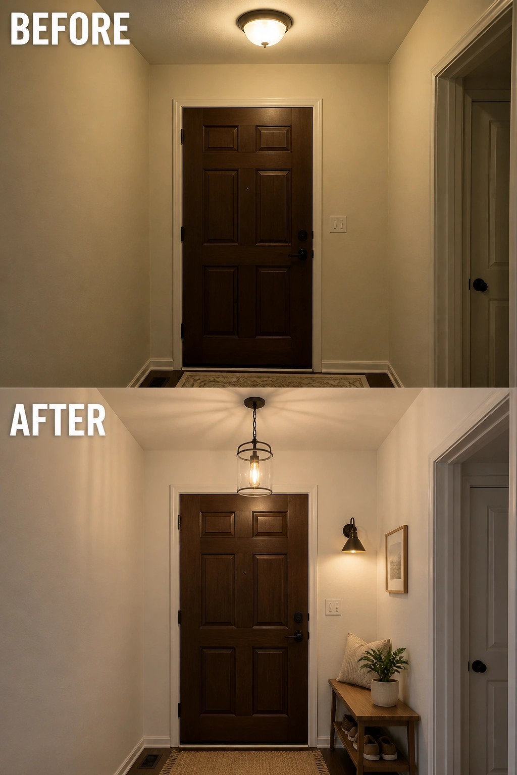 Before-and-after image of a narrow front entry updated from a plain hallway to a styled entry with a pendant light, wall sconce, small bench, rug, and a potted plant.