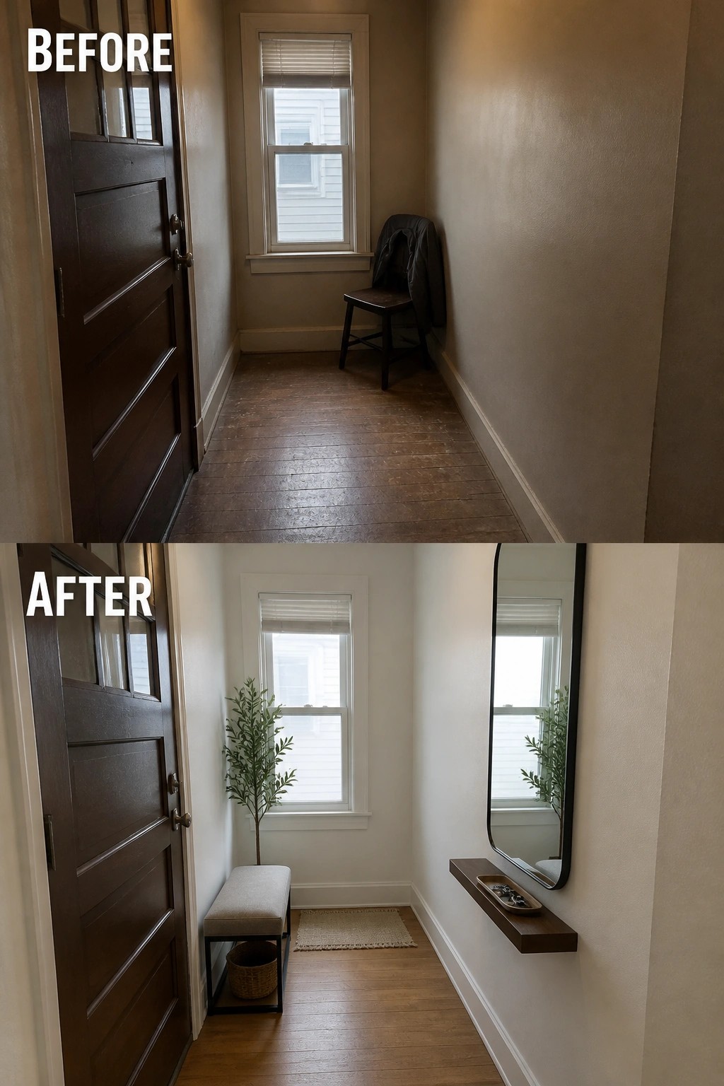 Before-and-after image of a narrow entryway changed from an empty hall into a finished small foyer with a bench and a wall mirror.