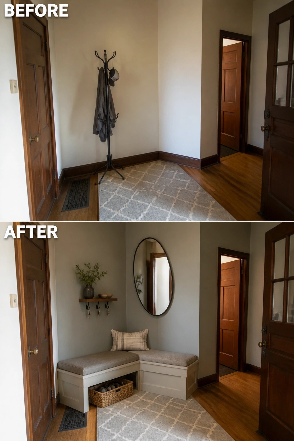 Before-and-after image of a small entryway changed from an empty corner with a coat rack to a fitted L-shaped bench with cushions, storage baskets, a shelf with hooks, and a round mirror.