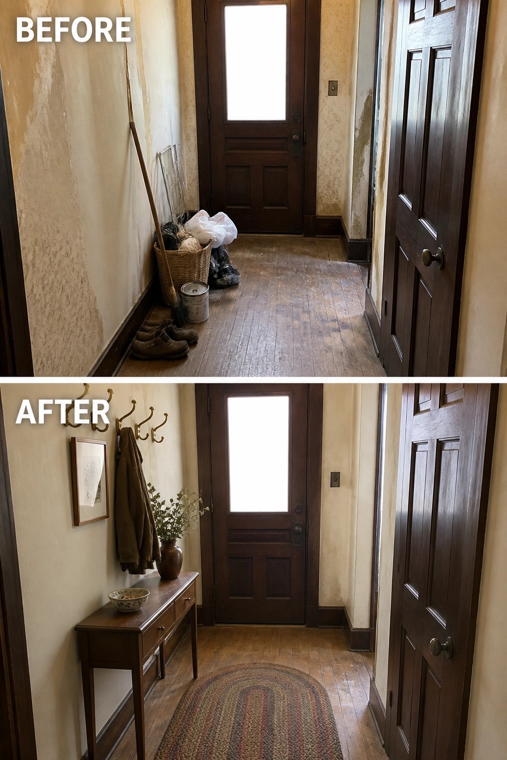 Before-and-after image of a narrow entryway changed from a cluttered catchall to a styled foyer with a slim console table, wall hooks, a vase, and a runner.