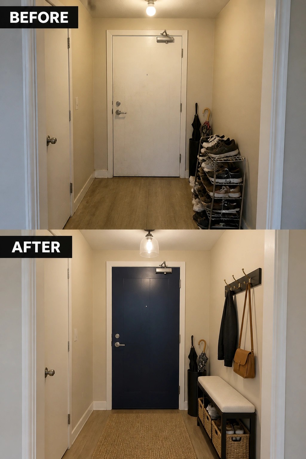 Before-and-after image of a narrow apartment entry updated with a painted front door and a slim bench with baskets and wall hooks to create organized storage.