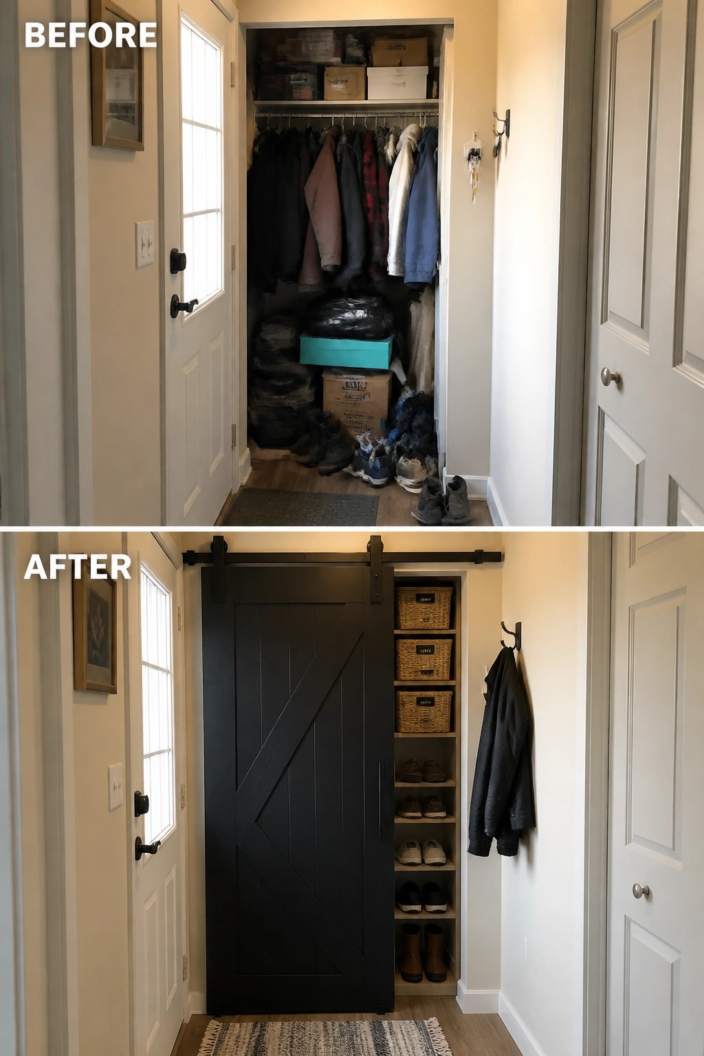 Before-and-after image of a small entry where an open, cluttered coat closet is updated with a dark sliding barn door and narrow built-in shelves with baskets and shoes.