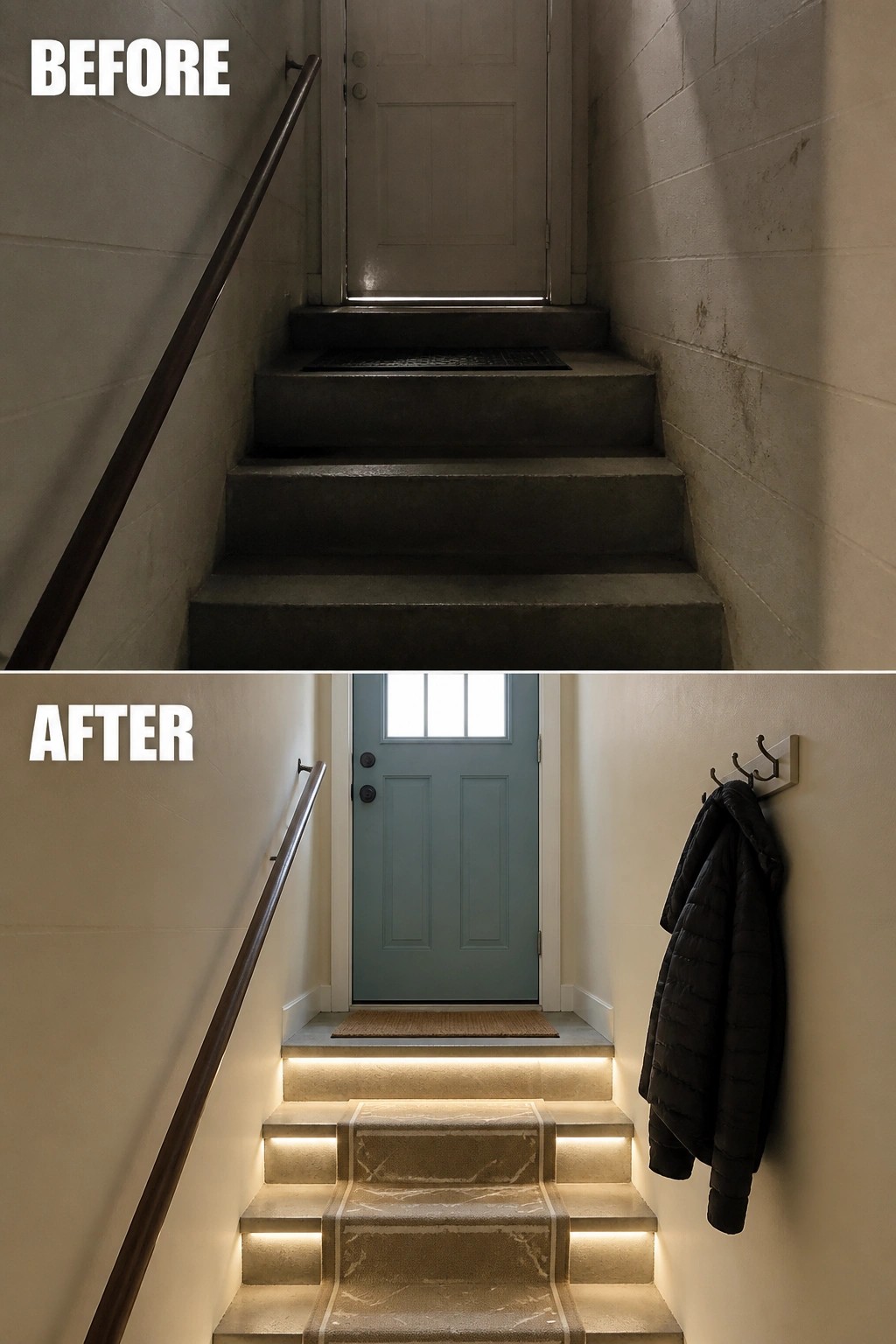 Before-and-after image of a dark interior stair and small entry updated with under-step lighting, a runner rug, and a painted front door.