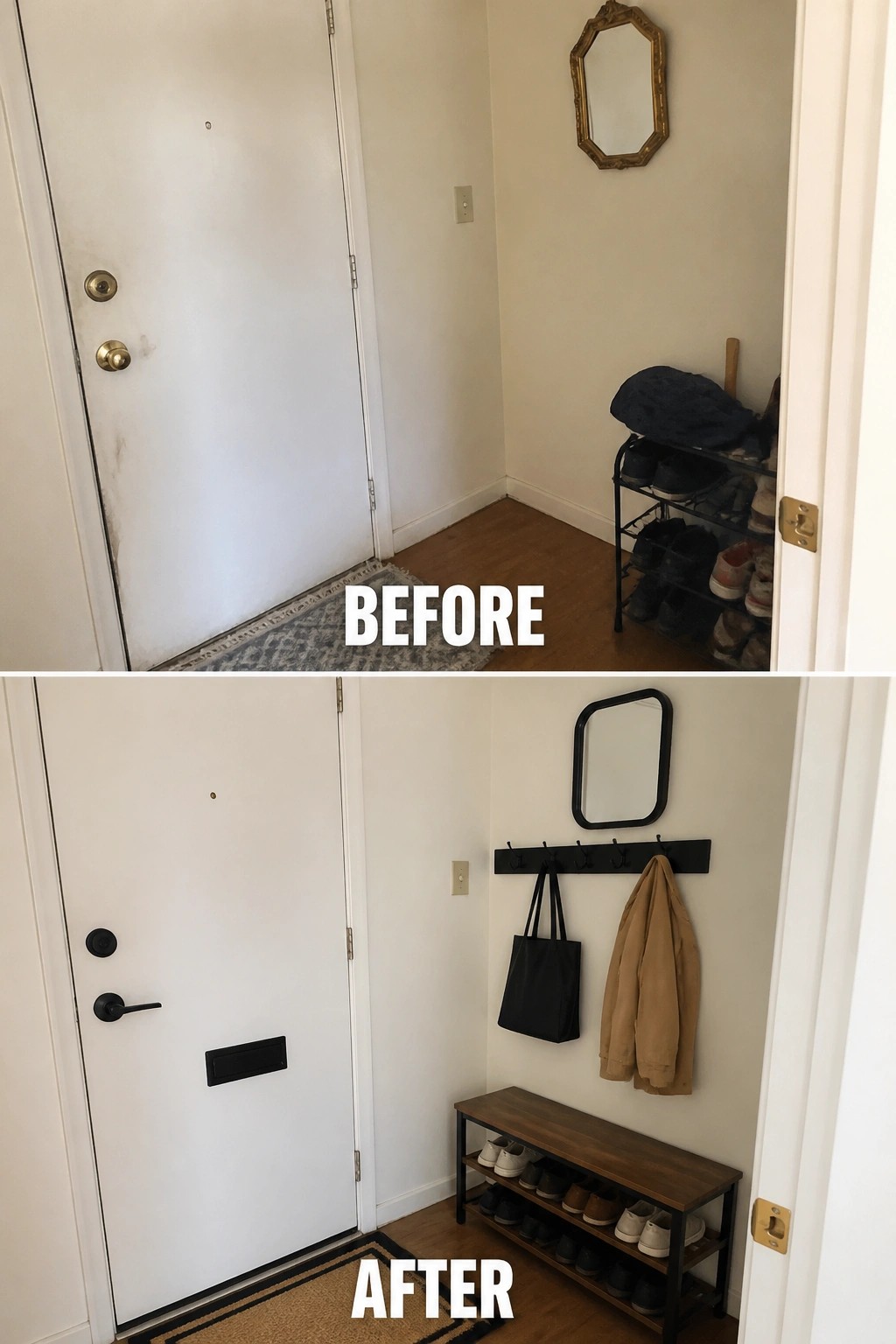 Before-and-after image of a small entry where a cluttered shoe rack was replaced by a low bench with shoe shelves, a hook rail, and a small wall mirror.