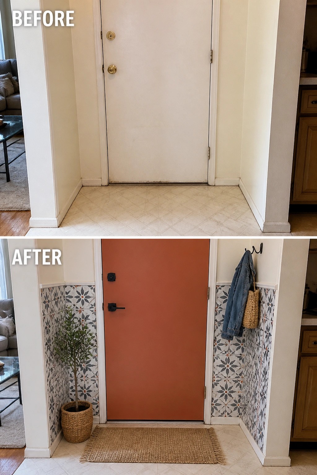 Before-and-after image of a narrow interior entry where a plain white door and walls are updated with a rust-colored door and patterned lower-wall wainscoting.