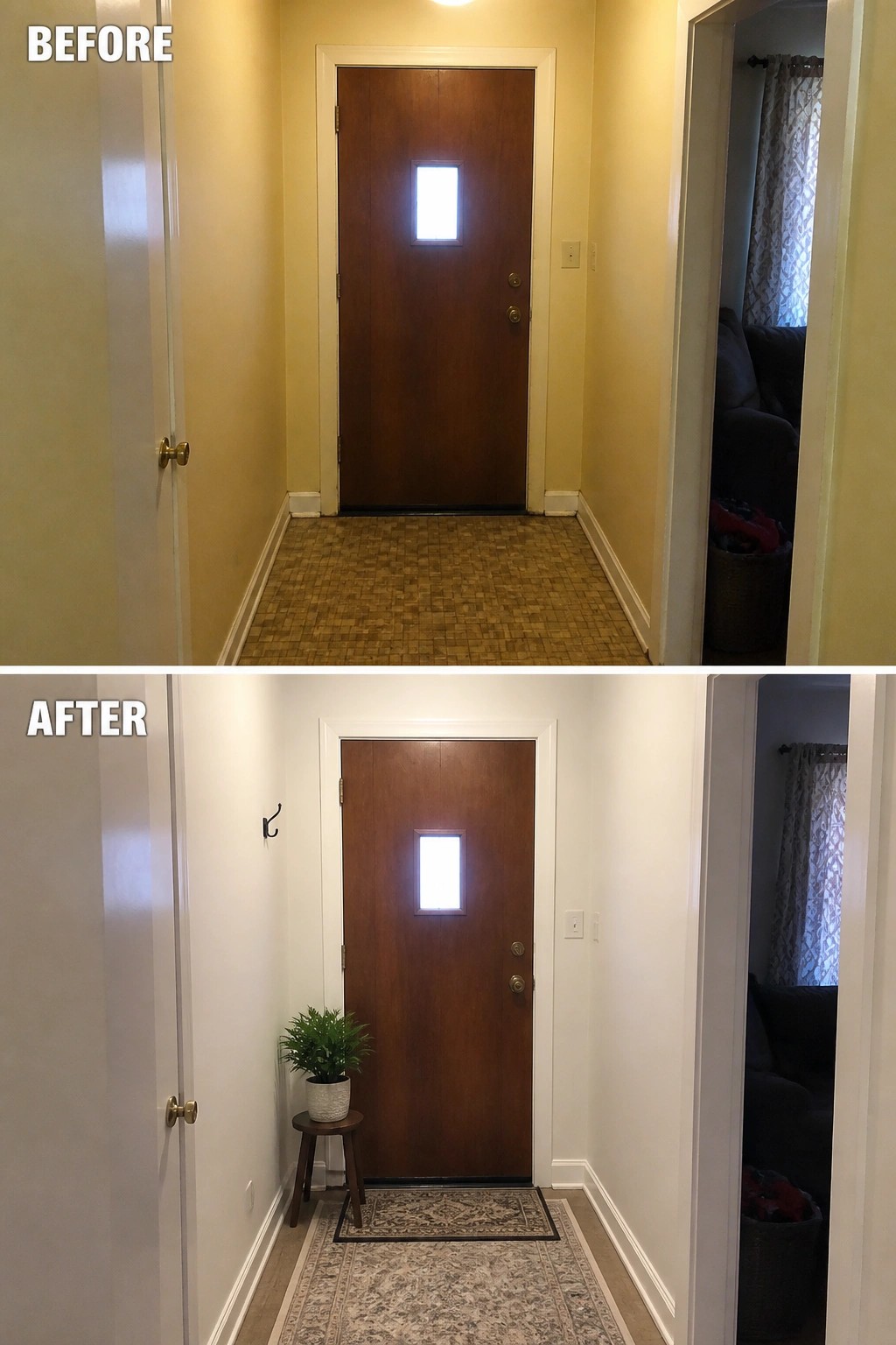Before-and-after image of a narrow front entry updated by painting the walls white, adding a runner rug, a small stool with a potted plant, and a wall hook.