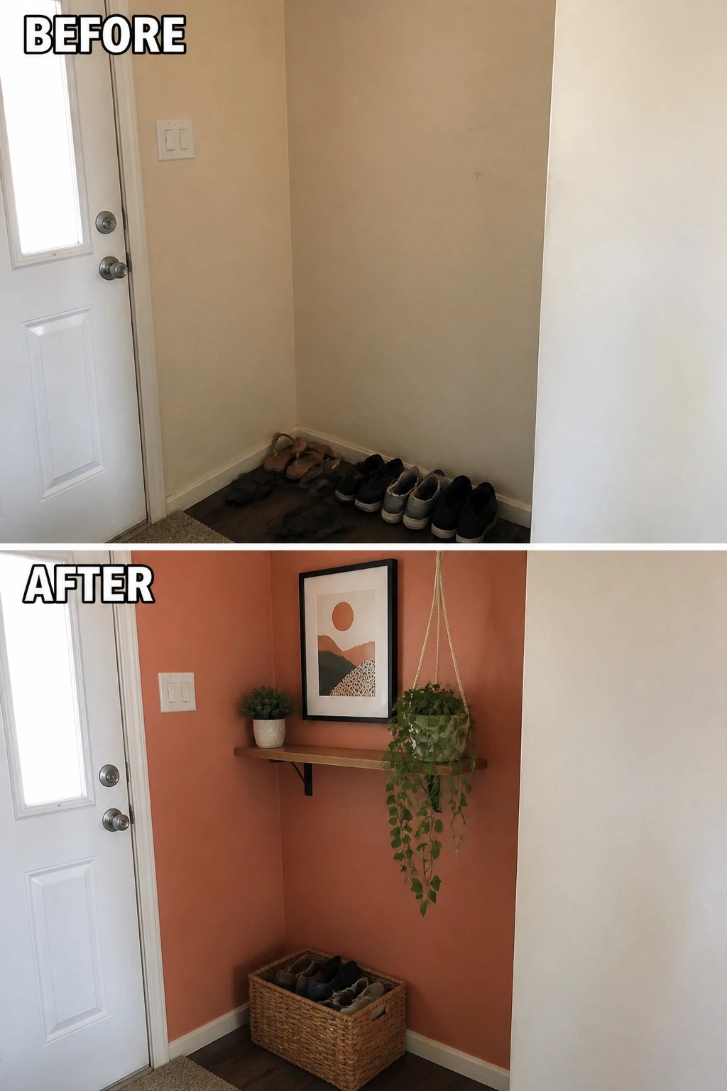 Before-and-after image of a small entry corner updated with an accent-painted wall, a narrow shelf with decor, a hanging plant, and a wicker basket used to store shoes.