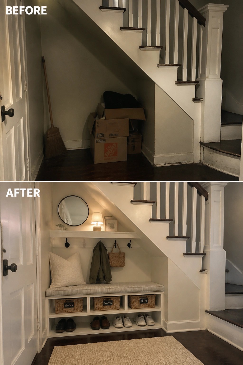 Before-and-after image of an under-stair entry area changed from a cluttered storage corner into a built-in bench with cubbies, hooks, a mirror, and a lamp.