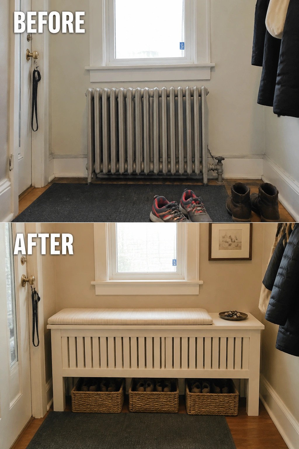 Before-and-after image showing an entryway radiator replaced by a white slatted bench with a cushion and baskets for shoe storage.