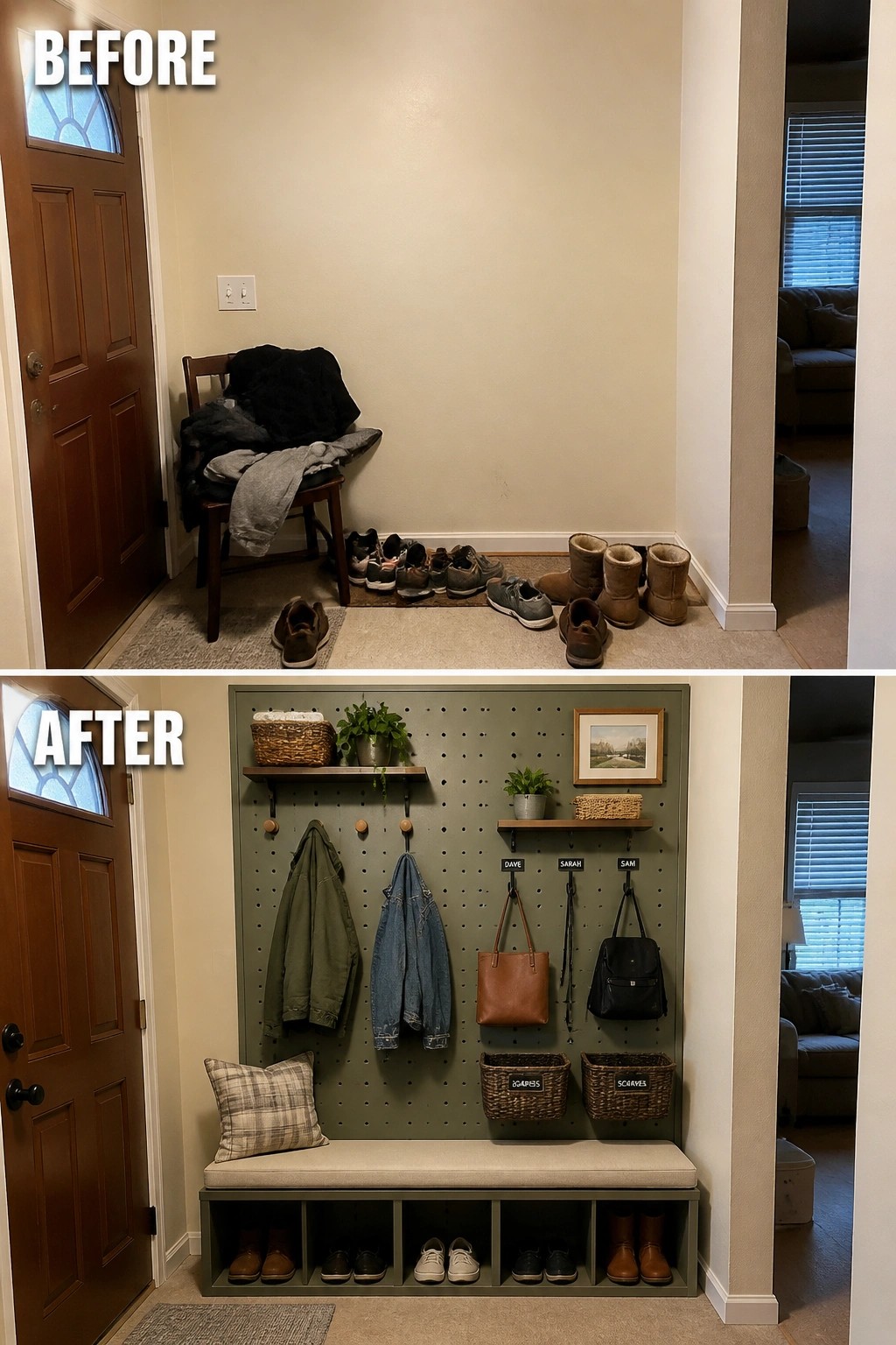 Split entryway: cluttered chair and shoes above; olive pegboard with hooks, baskets, cushioned bench