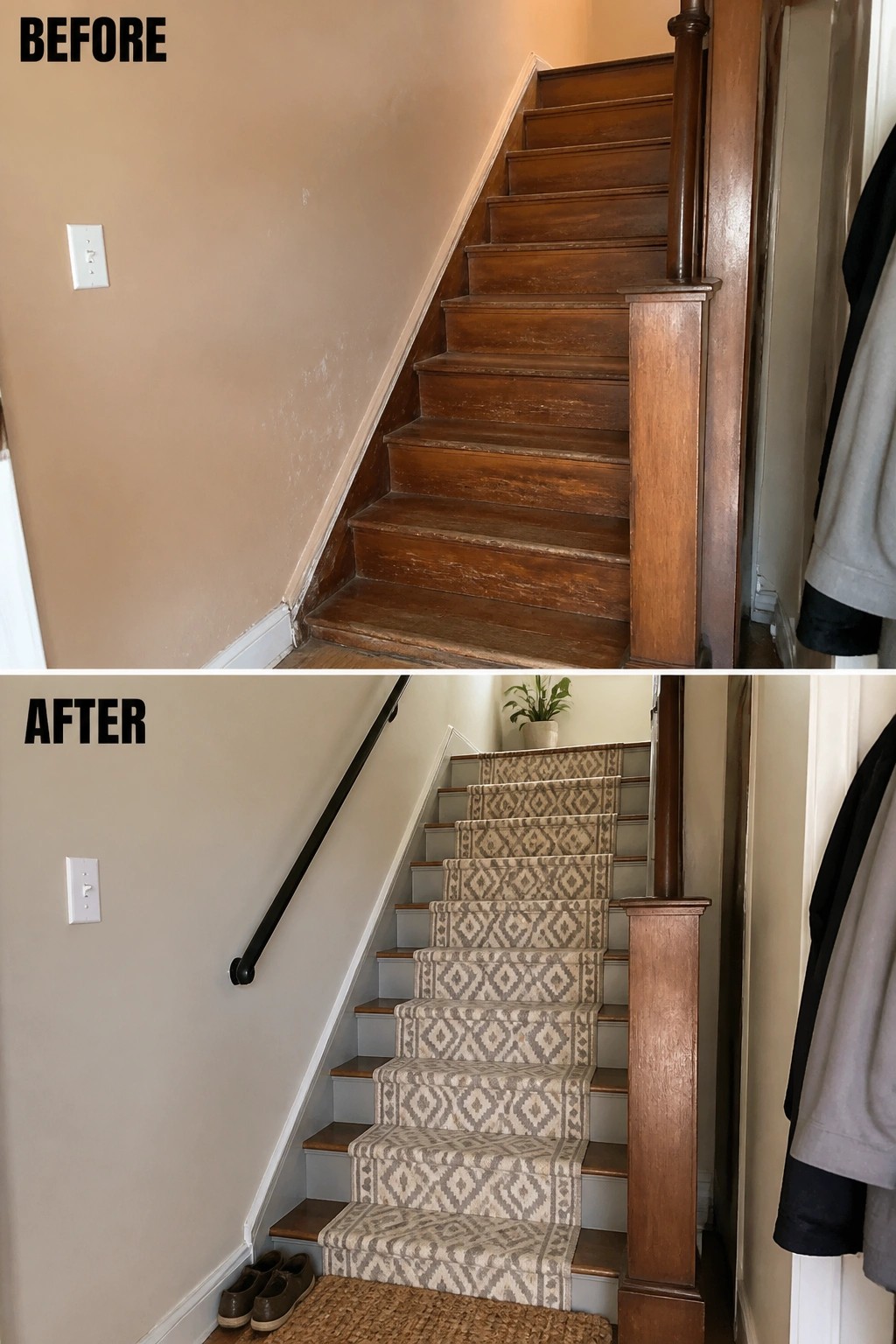Before-and-after image of an interior staircase updated by adding a patterned runner and painting the risers to brighten the entry.