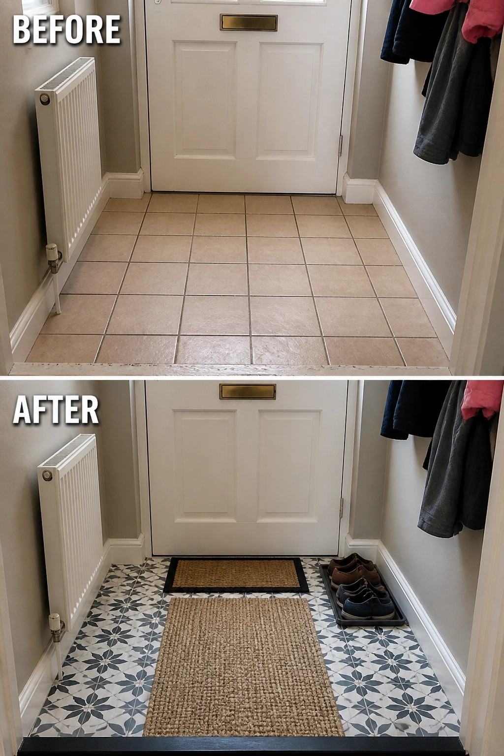 Before-and-after image of a small entry where plain beige floor tiles were replaced with blue-and-white patterned tiles and simple doormats and a shoe tray were added.