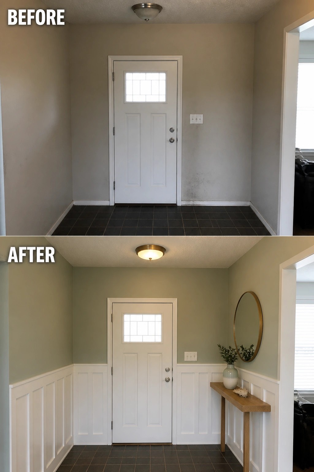 Before-and-after image of a plain entryway updated with white wainscoting, new wall paint, and a slim console table topped by a